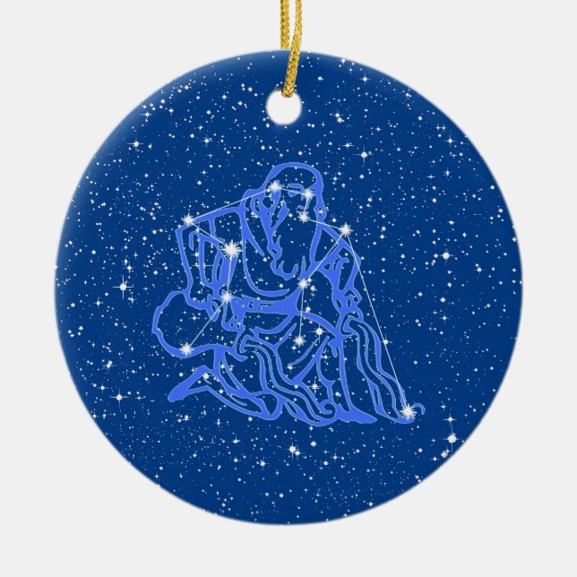 Aquarius Zodiac Sign mit Sternen auf Deep Blue Cer Keramik Ornament (Vorne)