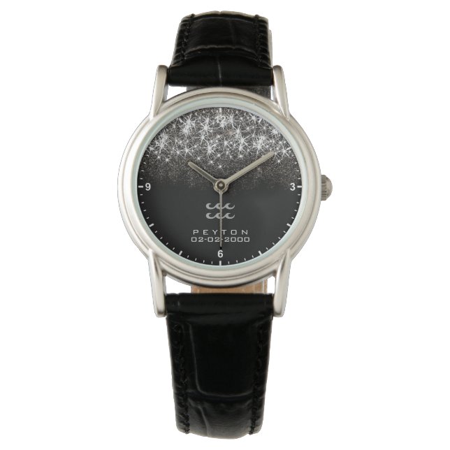 Aquarius Zodiac Silver Glitzer Stars Geburtsdatum Armbanduhr (Vorderseite)