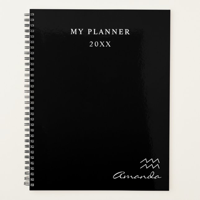 Aquarius Zodiac-Symbol 2022 in Schwarz und Weiß Planer (Vorderseite)