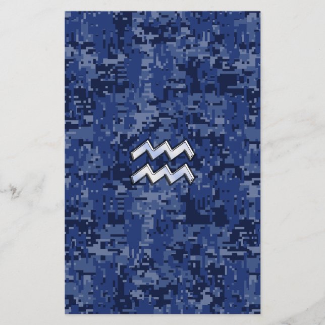 Aquarius Zodiac Symbol auf blauer Camouflage Dekor Briefpapier (Vorderseite)