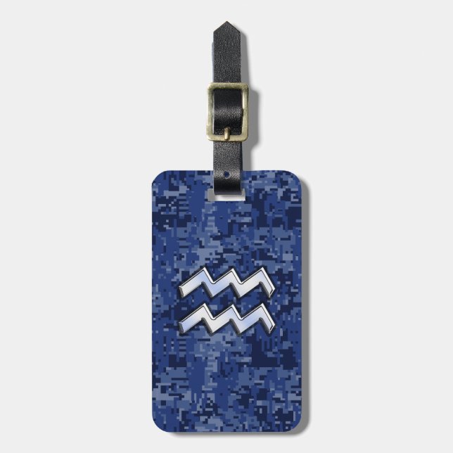 Aquarius Zodiac Symbol auf blauer Camouflage Dekor Gepäckanhänger (Vorderseite vertikal)