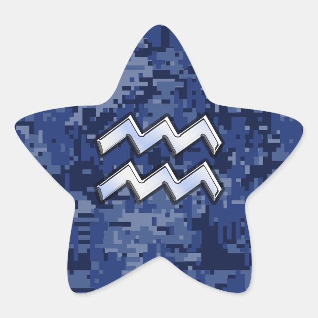 Aquarius Zodiac Symbol auf blauer Camouflage Dekor Stern-Aufkleber (Vorderseite)