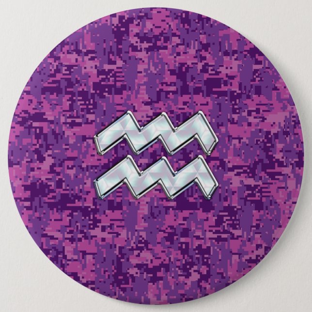 Aquarius Zodiac-Symbol auf fuchsiendigitaler Camou Button (Vorderseite)