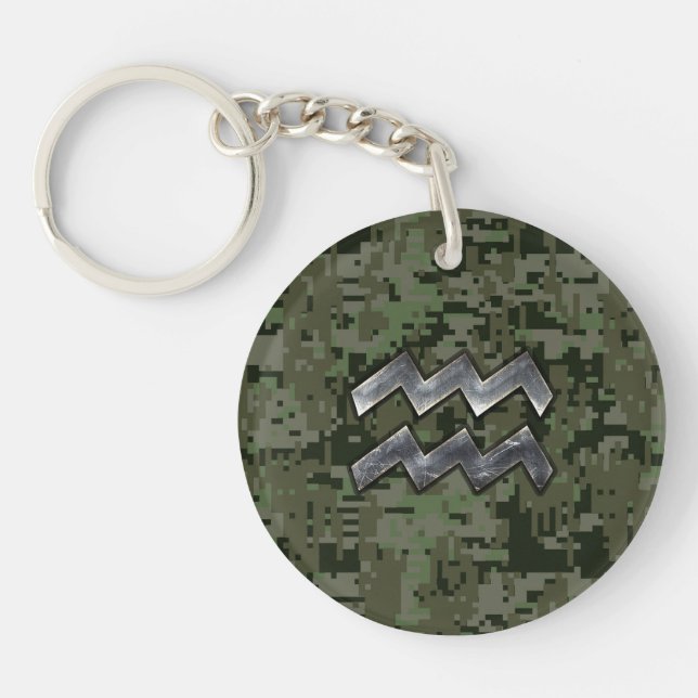 Aquarius Zodiac-Symbol auf grüner digitaler Camouf Schlüsselanhänger (Vorderseite)