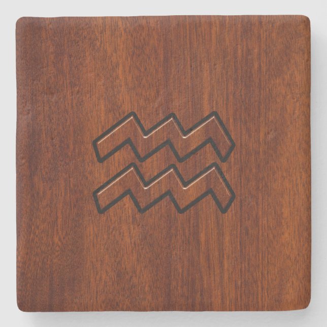 Aquarius Zodiac Symbol Mahogany Style Steinuntersetzer (Vorderseite)
