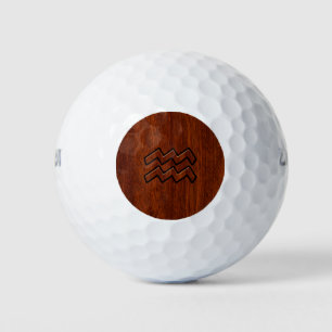 Aquarius Zodiac Symbol Mahogany Wood Style Golfball