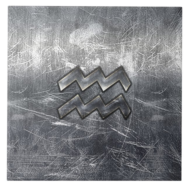 Aquarius Zodiac Symbol Stress Silber Steel Fliese (Vorderseite)