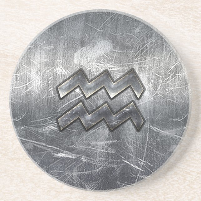 Aquarius Zodiac Symbol Stress Silber Steel Sandstein Untersetzer (Vorne)