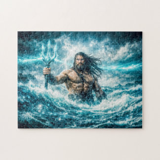Aquarius Zodiac with Trident Warrior in Stormy Oce