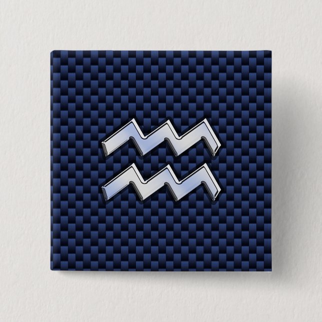 Aquarius Zodiac-Zeichen auf Royal Blue Carbon Fibr Button (Vorderseite)