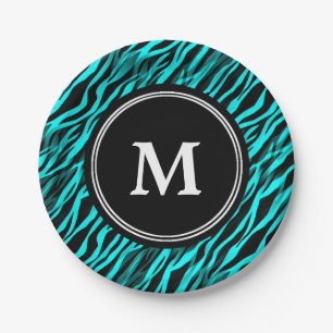 Aquaschwarzer Zebra-Streifen-Monogramm-Pappteller Pappteller