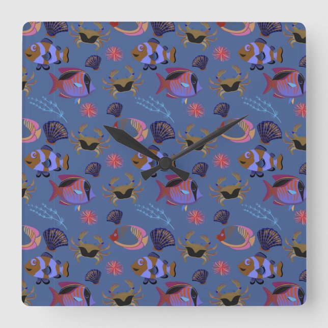 Aquatic animals pattern | ocean underwater life 13 quadratische wanduhr (Vorderseite)