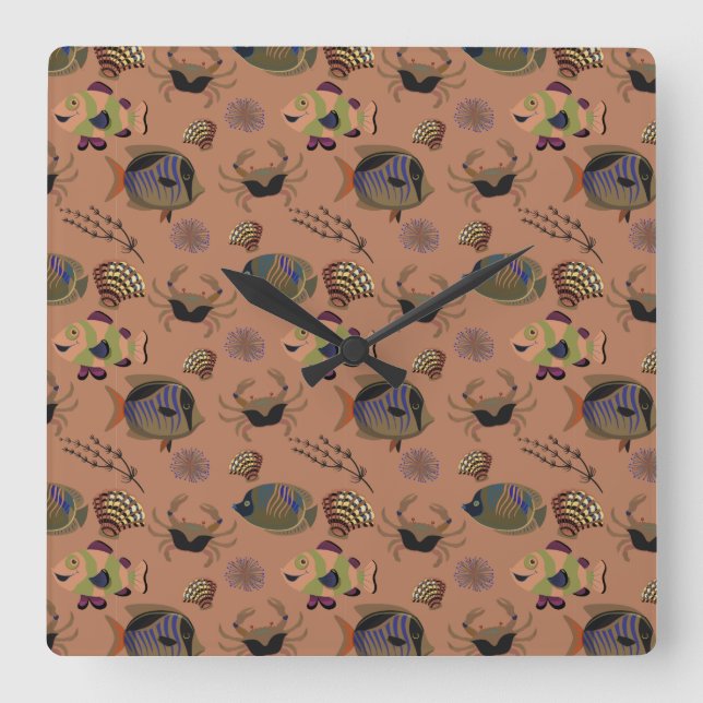 Aquatic animals pattern | ocean underwater life 15 quadratische wanduhr (Vorderseite)