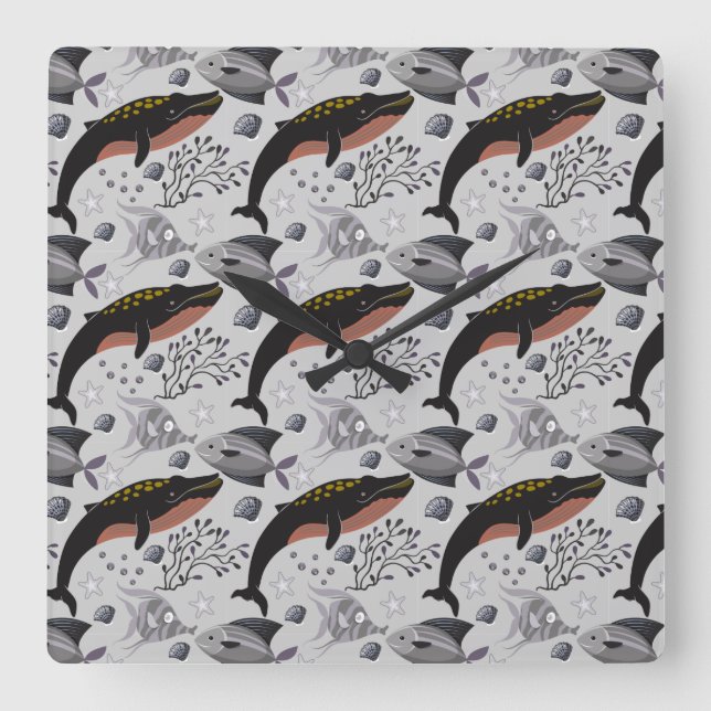 Aquatic animals pattern | ocean underwater life 22 quadratische wanduhr (Vorderseite)