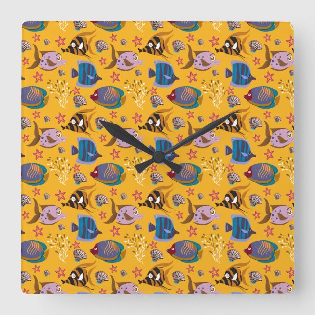 Aquatic animals pattern | ocean underwater life 6 quadratische wanduhr (Vorderseite)