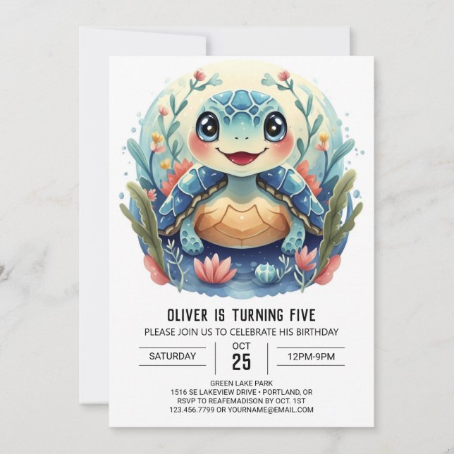 Aquatic Boho Whimsy Turtle Boy Birthday Einladung (Vorderseite)