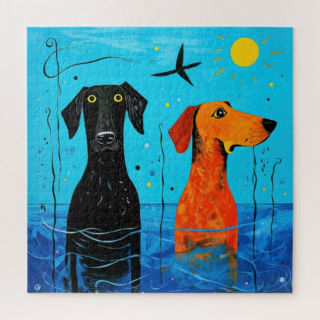 "Aquatic Duo of Joy" - surreal farbige Hunde (Vertikal)