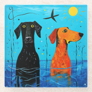 "Aquatic Duo of Joy" - surreal farbige Hunde Glasuntersetzer
