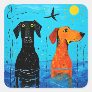 "Aquatic Duo of Joy" - surreal farbige Hunde Quadratischer Aufkleber