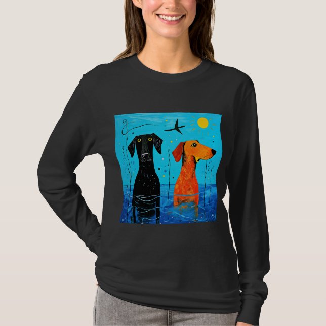 "Aquatic Duo of Joy" - surreal farbige Hunde T-Shirt (Vorderseite)