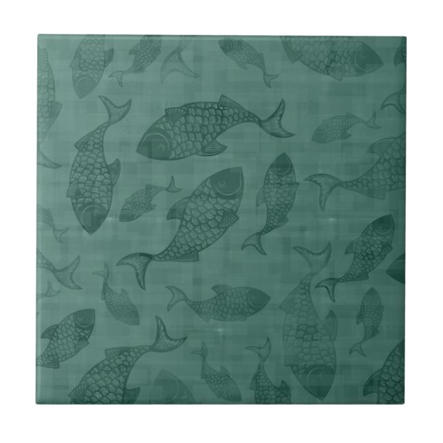 Aquatic Fish Stencil Art Teal Bokeh Pattern Fliese (Vorderseite)