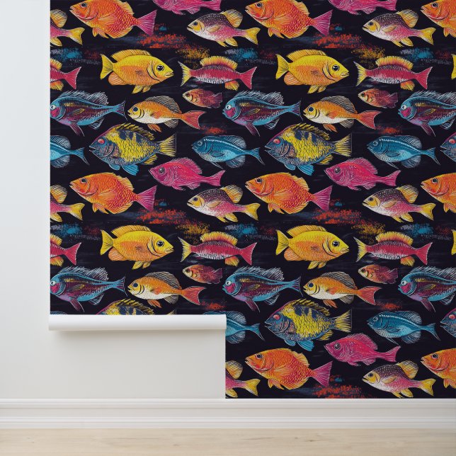 Aquatic Life Swimming Fish Chalk Zeichnend Muster Tapete (Anwendung)
