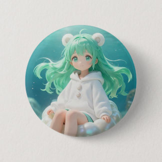 Aquatic Mint: Kawaii-Mädchen in weißem Hoodie auf Button