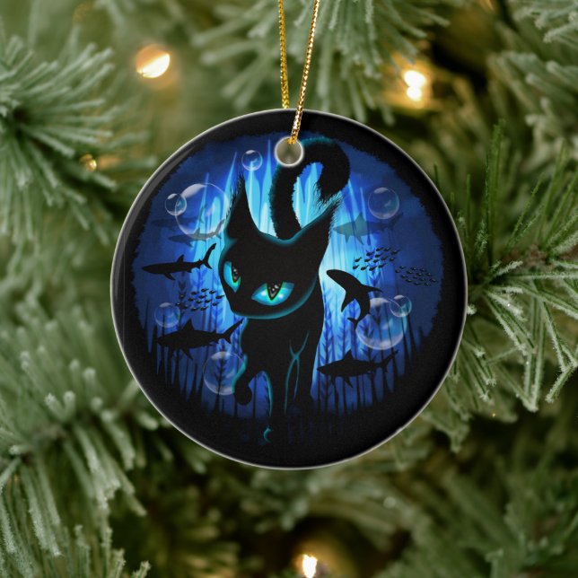 Aquaticat - surreale Katze im Tiefsee Keramik Ornament (Baum)