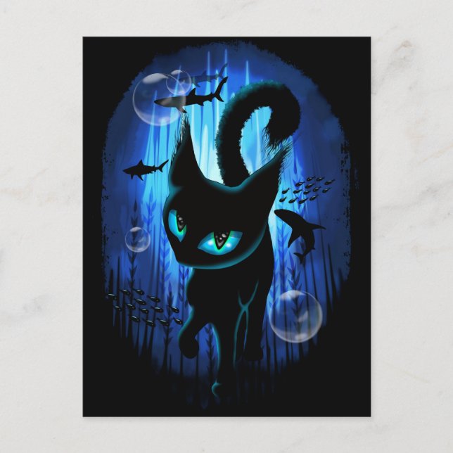 Aquaticat - surreale Katze im Tiefsee Postkarte (Vorderseite)