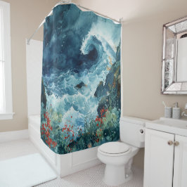 Aquatische Träume: Hokusai-Inspiriert Wasserfarbe Duschvorhang