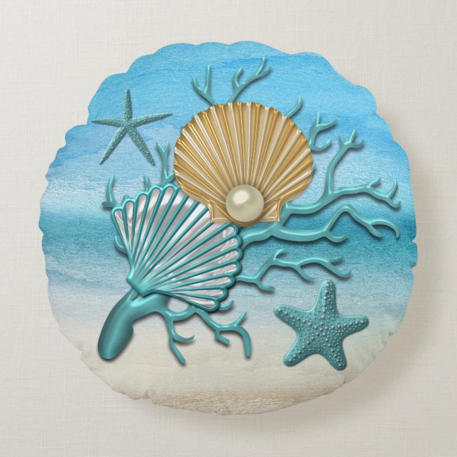 Aquau. Goldseashells-Strand Rundes Kissen (Vorderseite)