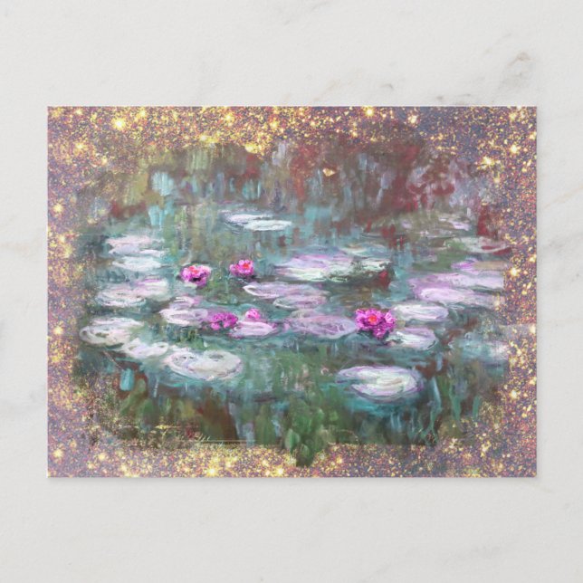 ** AR23 Monet Lily Pads Pond Glitzer Postkarte (Vorderseite)