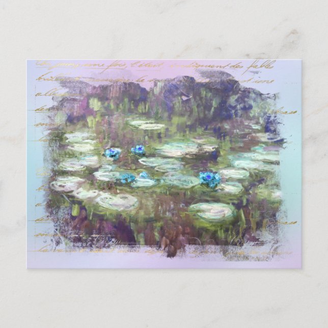 ** AR23 Monet Lily Pads Pond Old Gold Handwriting Postkarte (Vorderseite)