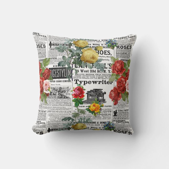 * AR23 Rose Blumenkohl-Blume Vintag Zeitungspapier Kissen (Vorderseite)