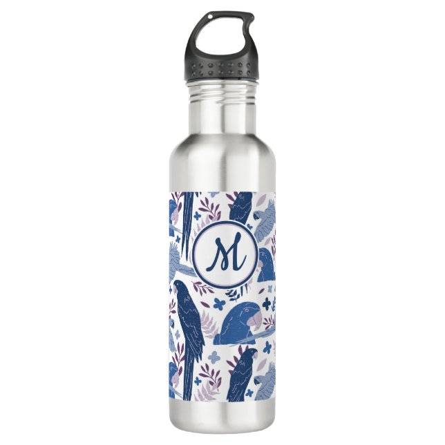 Ara Parrot Blaues tropisches Verlassen Muster Mono Edelstahlflasche (Vorderseite)
