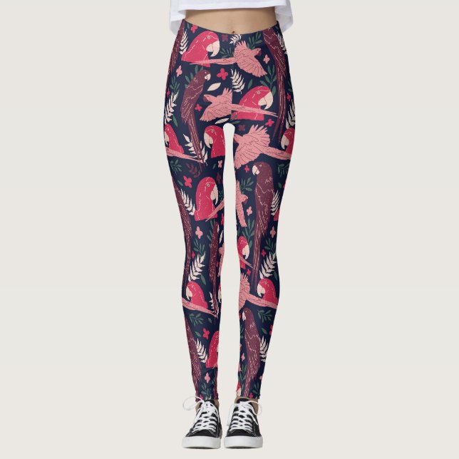 Ara Parrot Rosa Zeichnend tropisches Verlassen Mus Leggings (Vorderseite)