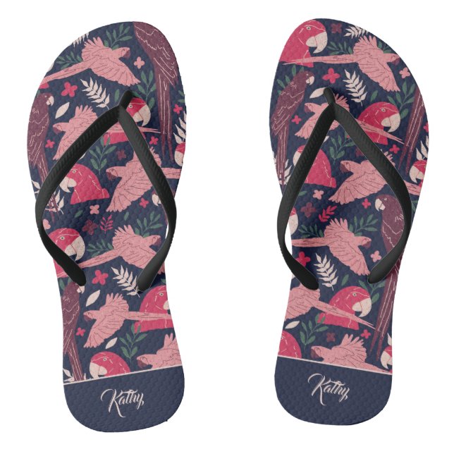 Ara Parrot Tropical Pattern Zeichn Monogram Name Flip Flops (Fußbett)