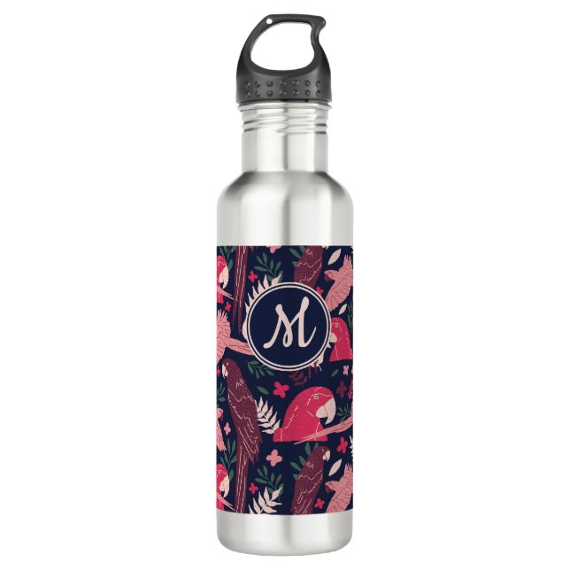 Ara Parrot Tropical Verlass Pattern Monogram Edelstahlflasche (Vorderseite)