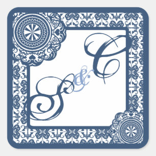 Arabesque Blaue Spitze, monogrammiertes Souvenir Quadratischer Aufkleber