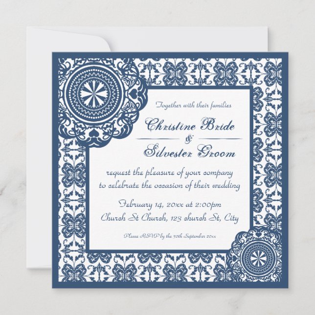Arabesque Blue Lace, 5.25x5.25 Hochzeit einladen Einladung (Vorderseite)