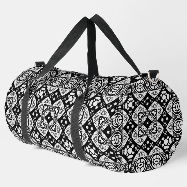 Arabesque Mosaik Fliesenmuster Schwarz-Weiß Duffle Bag (Linke Ecke)