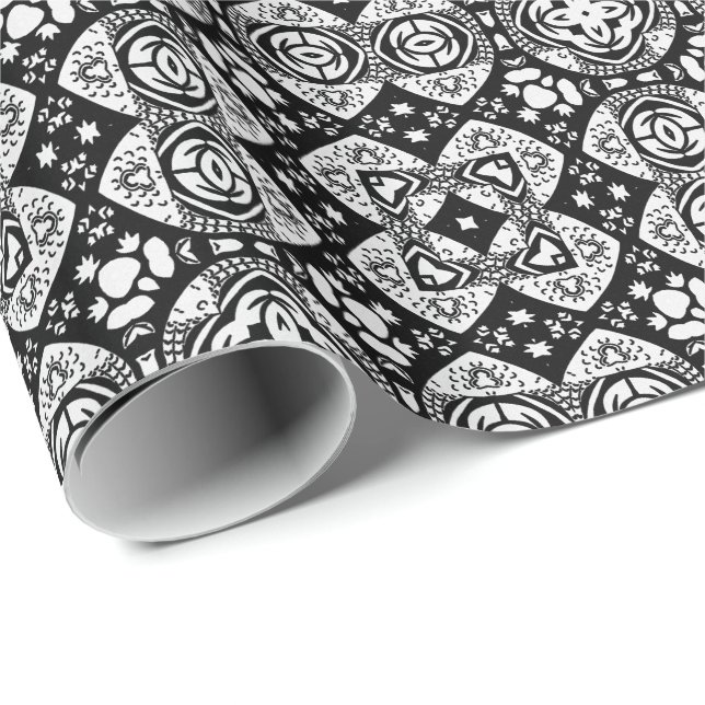 Arabesque Mosaik Fliesenmuster Schwarz-Weiß Geschenkpapier (Rolleneckpunkt)