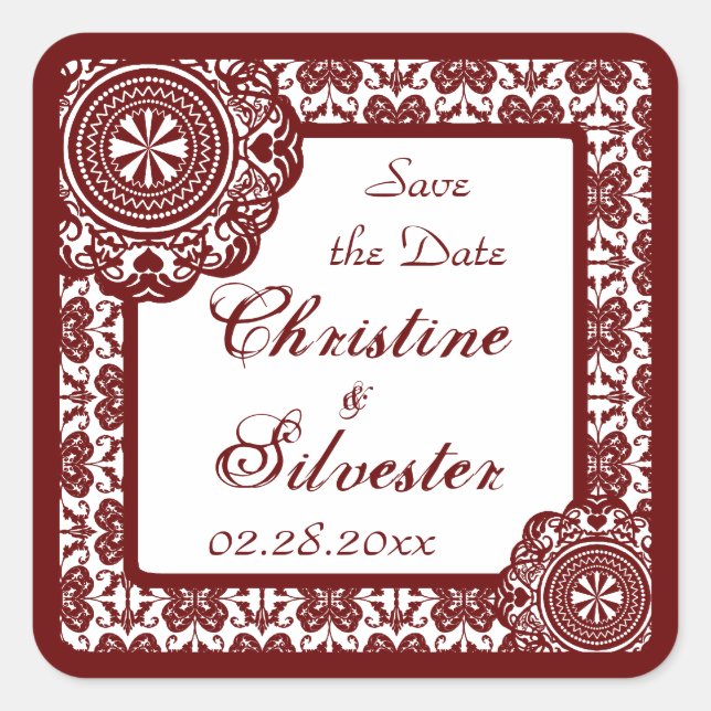 Arabesque Red Lace, Save the Date Aufkleber (Vorderseite)