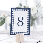 Arabesque-Tischnummer | Marine Tischnummer<br><div class="desc">Die modernen marokkanischen inspirierten Tischnummern-Karten haben eine geometrische Grenze in Marineblau und Weiß,  die Ihre Tischnummer umgibt. Design wiederholt sich auf der Rückseite. Koordiniert mit unserer Arabesque Hochzeitssuite in Navy.</div>