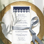 Arabesque Wedding Menu Card | Dunkelblau Menükarte<br><div class="desc">Unser elegantes Hochzeitsmenü umfasst Vorspeisen, Vorspeisen und Desserts in marokkanischem Blau, mit einem inspirierten geometrischen Rahmen entlang der Spitze in Marine und Weiß. Koordiniert mit unserer Arabesque Hochzeitseinladungskollektion. Verwenden Sie die Vorlagenfelder, um Menüinformationen hinzuzufügen, und klicken Sie dann auf "Anpassen", um Elemente bei Bedarf neu zu positionieren. Brauchst du Hilfe?...</div>