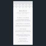 Arabesque Wedding Menu Card | Grau Menükarte<br><div class="desc">Unser elegantes Hochzeitsmenü umfasst Vorspeisen, Vorspeisen und Desserts in zeitlosem, mittelgrau, mit einem marokkanischen inspirierten geometrischen Rahmen an der Spitze in ätherischen Pastellgrau und Weiß. Koordiniert mit unserer Arabesque Hochzeitseinladungskollektion in Silver Pearl. Verwenden Sie die Vorlagenfelder, um Menüinformationen hinzuzufügen, und klicken Sie dann auf "Anpassen", um Elemente bei Bedarf neu...</div>