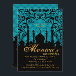 Arabische Nächte, Aquamarine Geburtstagseinladung Einladung<br><div class="desc">Arabische Nächte, Aquamarine Geburtstagseinladung. Das Thema Arabian Nights ist ein großartiges Thema für Erwachsene Partys, Filme, 16 . Geburtstag oder andere Arten von Party. Der Text für diese Einladung ist auf Ihr Party zugeschnitten. Dieses Design ist aquamarin mit einer schwarzen Silhouette arabischen Stadt und goldenen Akzenten. Durch Metro-Events konzipiert Weitere...</div>