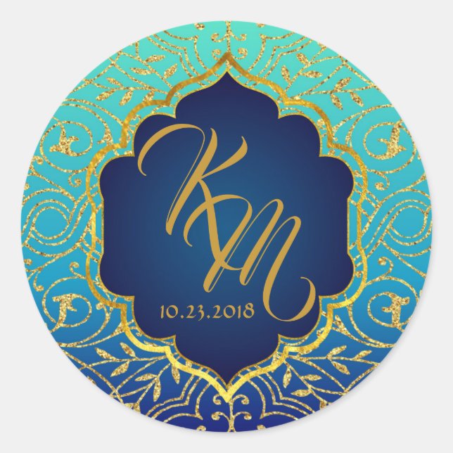 Arabische Nächte Bollywood Monogram Wedellabel Runder Aufkleber (Vorderseite)