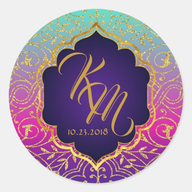 Arabische Nächte Bollywood Monogram Wedellabel Runder Aufkleber (Vorderseite)