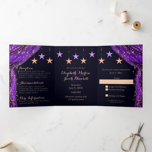 Arabische Nächte Lila & Gold auf einer Hochzeit Dreifach Gefaltete Einladung (Innenseite)